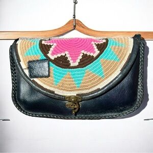 Bohemian Colorful Leather Shoulder or Crossbody Bag with Crochet Cover